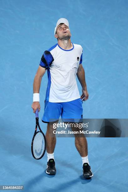 Aslan Karatsev of Russia reacts in his match semi final against Daniel Evans of Great Britain during day six of the Sydney Tennis Classic at the...