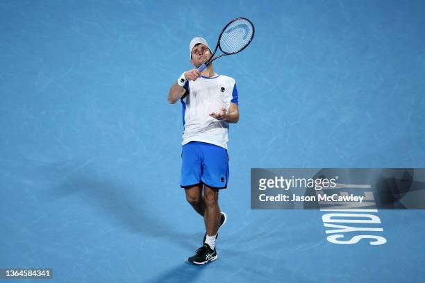 Aslan Karatsev of Russia reacts in his match semi final against Daniel Evans of Great Britain during day six of the Sydney Tennis Classic at the...