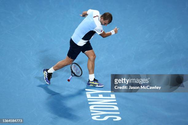 Daniel Evans of Great Britain shows his frustration in his semi final match against Aslan Karatsev of Russia during day six of the Sydney Tennis...