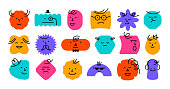 Abstract face. Happy doodle character icons, cartoon comic avatar, minimalistic emoji person. Vector set