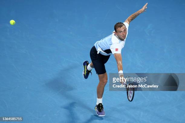 Daniel Evans of Great Britain hits a backhand in his semi final match against Aslan Karatsev of Russia during day six of the Sydney Tennis Classic at...