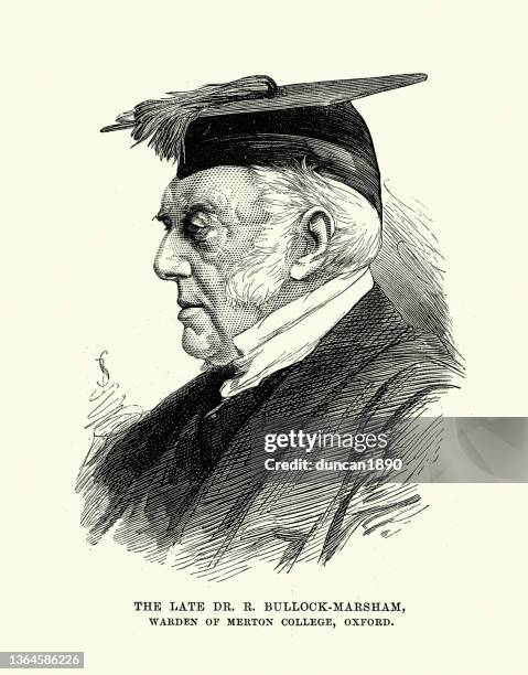 dr r bullock-marsham, warden of merton college, oxford, professor wearing mortar board hat, 19th century - professor of history stock illustrations