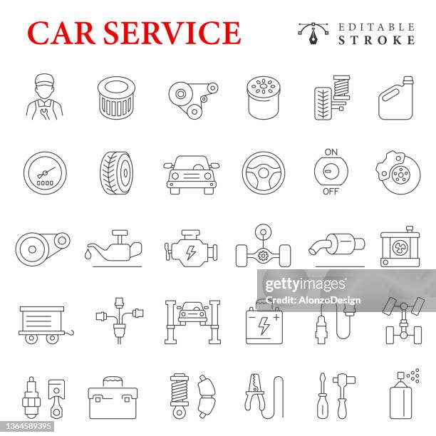 car components line icons. car service. editable stroke. - chassis stock illustrations