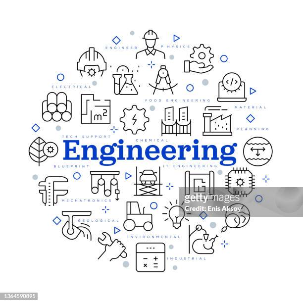 engineering-konzept. vektordesign mit icons und keywords. - aerospace engineering stock-grafiken, -clipart, -cartoons und -symbole