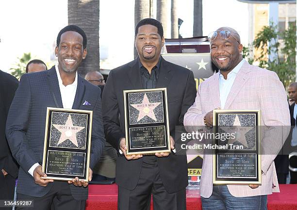 Nathan Morris, Shawn Stockman and Wanya Morris of Boyz II Men attend the ceremony honoring them with a Star on The Hollywood Walk of Fame held on...