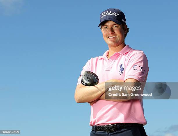 Webb Simpson poses for a portrait during the pro-am round of the Hyundai Tournament of Champions at the Plantation course on January 5, 2012 in...