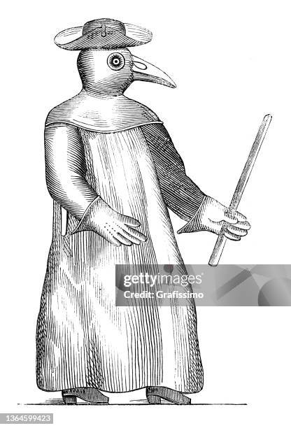 arzt bei der beulenpest mit gesichtsmaske 17. jahrhundert - schädling stock-grafiken, -clipart, -cartoons und -symbole