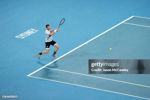 Andy Murray of Great Britain hits a forehand in his semi final match against Reilly Opelka of the USA during day six of the Sydney Tennis Classic at...