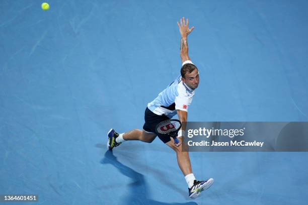 Daniel Evans of Great Britain hits a backhand in his semi final match against Aslan Karatsev of Russia during day six of the Sydney Tennis Classic at...