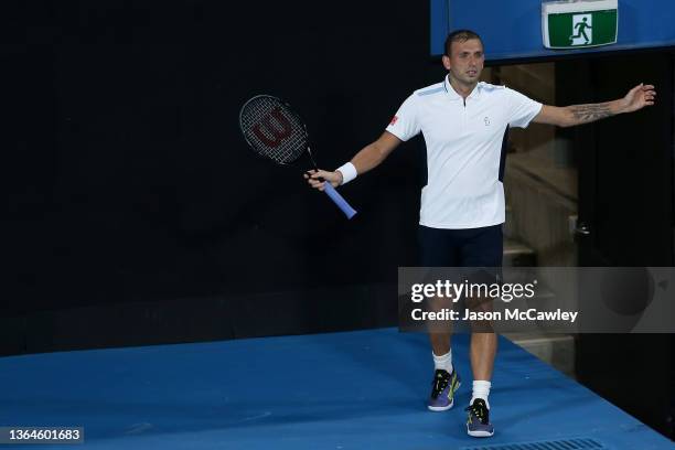 Daniel Evans of Great Britain reacts in his semi final match against Aslan Karatsev of Russia during day six of the Sydney Tennis Classic at the...