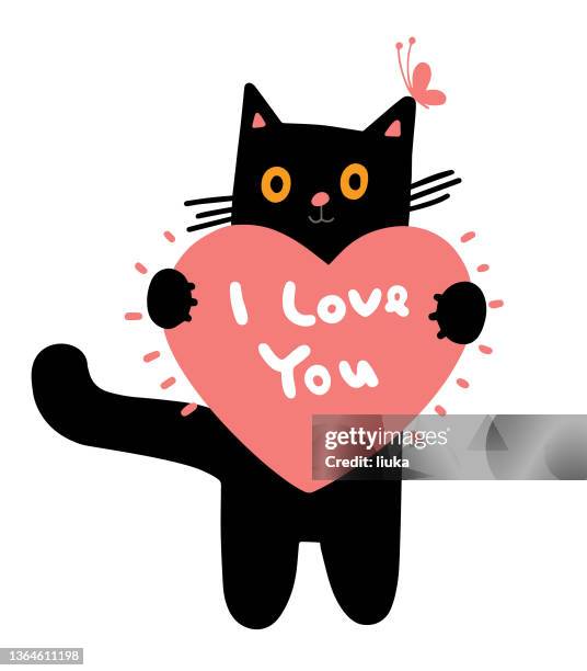 Black Funny Cat Holding Heart With A Handwritten I Love You High