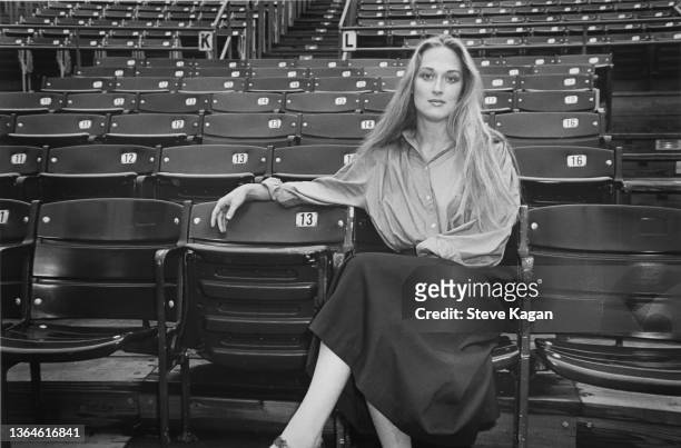 Portrait of American actress Meryl Streep during a break in rehearsals for a production of 'The Taming of the Shrew' in Central Park, New York, New...