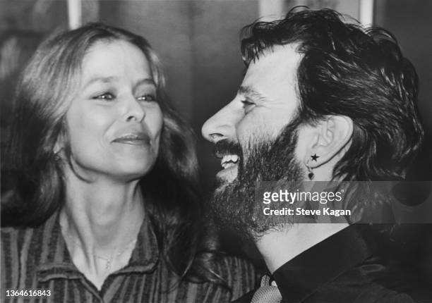 Close-up of couple American actress & model Barbara Bach and British musician Ringo Starr during a press conference, Chicago, Illinois, March 1981....