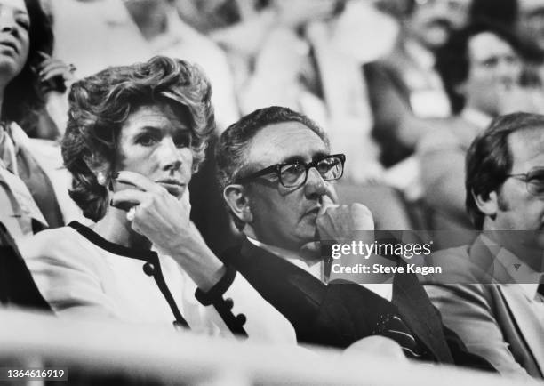 View of married couple, socialite Nancy Kissinger and former US Secretary of State Henry Kissinger in the audience during the Republican National...