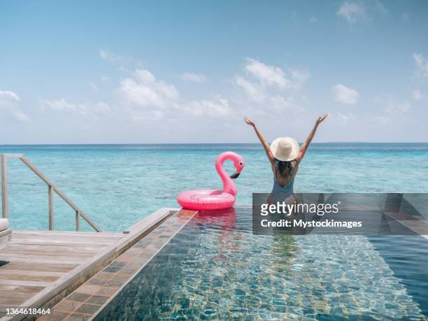 frau genießt luxusurlaub, sie sitzt am rande eines privaten pools über der lagune - flamingos stock-fotos und bilder