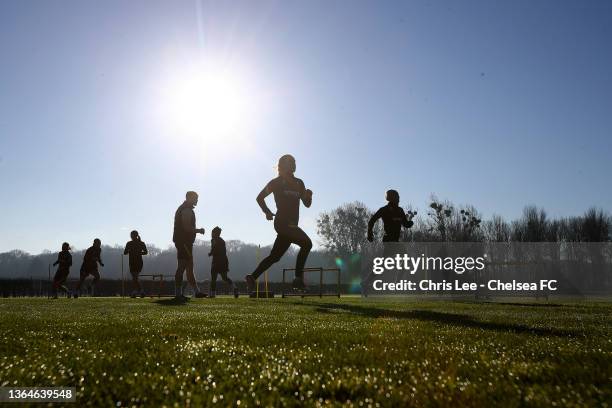 Niamh Charles of Chelsea in action during a Chelsea FC Women's Training Session at Chelsea Training Ground on January 14, 2022 in Cobham, England.