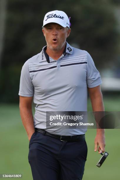 Matt Jones of Australia reacts on the tenth green during the second round of the Sony Open in Hawaii at Waialae Country Club on January 14, 2022 in...
