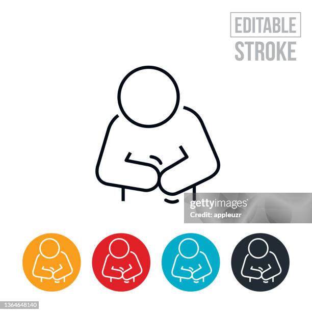 stockillustraties, clipart, cartoons en iconen met person with abdominal pain thin line icon - editable stroke - buikpijn
