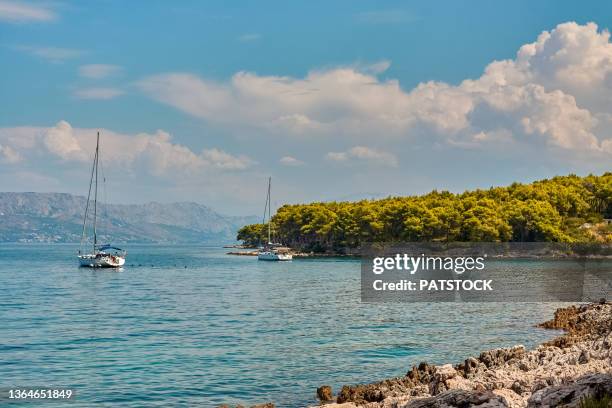 yachts moored by the babin laz beach nearby supetar on brac island, croatia - brac eiland stockfoto's en -beelden