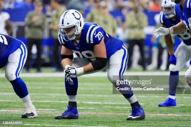 Eric Fisher of the Indianapolis Colts in action in the game against the Jacksonville Jaguars at Lucas Oil Stadium on November 14, 2021 in...