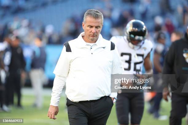 Urban Meyer the head coach of the Jacksonville Jaguars against the Tennessee Titans at Nissan Stadium on December 12, 2021 in Nashville, Tennessee.