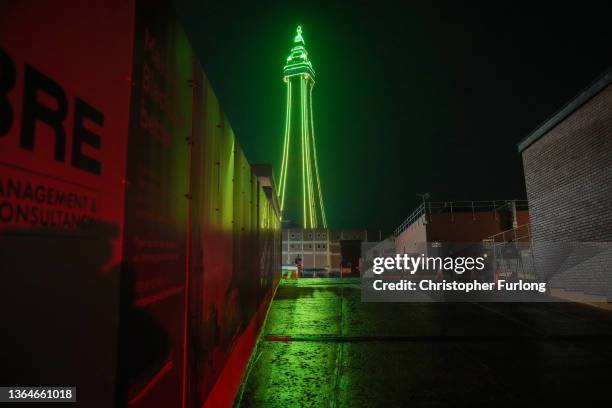 General view of Blackpool Tower in the twilight on January 14, 2022 in Blackpool, United Kingdom.