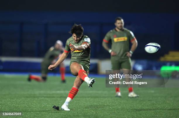 Harlequins player Marcus Smith kicks a last minute penalty to seal a 36-33 victory during the Heineken Champions Cup match between Cardiff Rugby and...