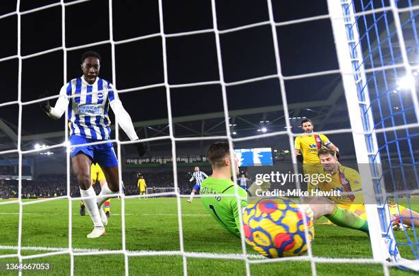 Danny Welbeck of Brighton & Hove Albion celebrates his sides first goal, an own goal scored by Joachim Andersen of Crystal Palace during the Premier...