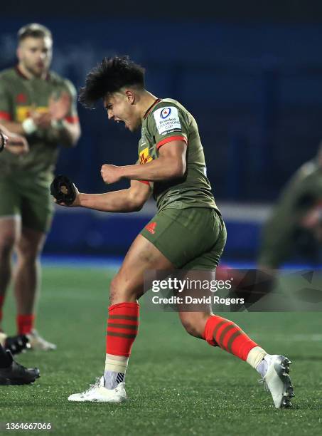 Harlequins player Marcus Smith celebrates after his last minute penalty seals a 36-33 victory during the Heineken Champions Cup match between Cardiff...