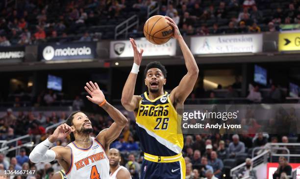 Jeremy Lamb of the Indiana Pacers against the New York Knicks at Gainbridge Fieldhouse on December 08, 2021 in Indianapolis, Indiana. NOTE TO USER:...