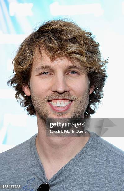 Actor Jon Heder poses at Fox's "Napoleon Dynamite" Sound-A-Like contest at Hollywood and Highland on January 5, 2012 in Hollywood, California.