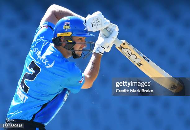 Matt Short of the Strikers bats during the Men's Big Bash League match between the Adelaide Strikers and the Melbourne Stars at Adelaide Oval, on...