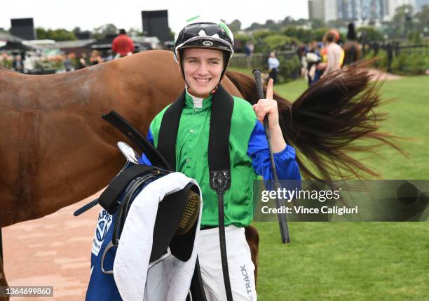 Matthew Cartwright riding Decent Raine after winning Race 2, the Furphy Refreshing Ale Trophy, during Melbourne Racing at Flemington Racecourse on...