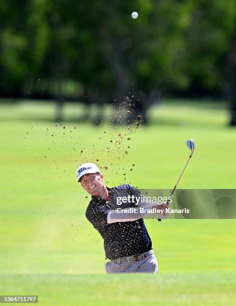 Andrew Dodt of Australia plays a shot out of the bunker on the 9th hole during day three of the 2021 Australian PGA Championship at Royal Queensland...