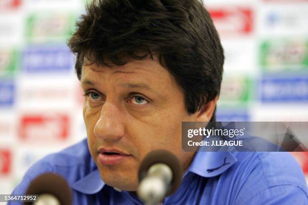 Head coach Adilson Batista of Jubilo Iwata attends a press conference after the J.League J1 match between Jubilo Iwata and Vissel Kobe at Yamaha...