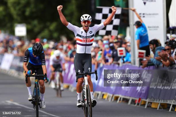 Blake Quick of Australia celebrates at finish line as race winner ahead of Mathew Dinham of Australia during the Australian Cycling National...