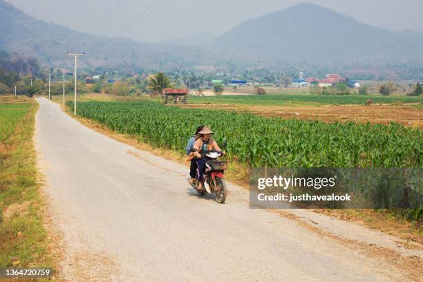 thailändisches paar auf motorrad auf abgelegener straße in der provinz chiang mai - chiang mai province stock-fotos und bilder