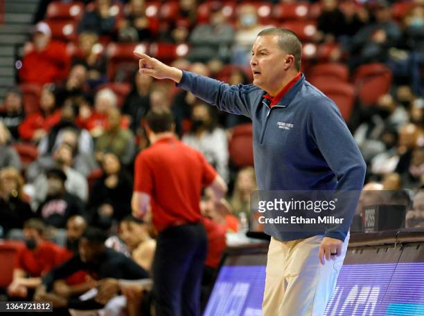 Head coach Justin Hutson of the Fresno State Bulldogs gestures during a game against the UNLV Rebels at the Thomas & Mack Center on January 14, 2022...