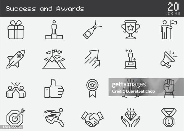 success and awards line icons - marathon medal stock illustrations