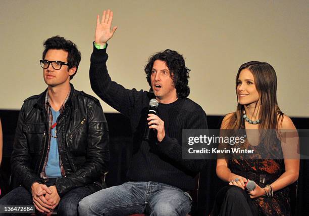 Actor Robert Buckley, creator Mark Schwahn and actress Sophia Bush appear at The CW's presentation of "An Evening with One Tree Hill" at the...