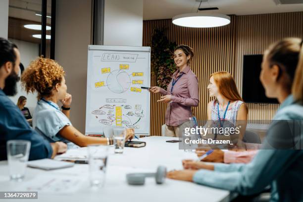 young businesswoman in office having speech and presentation with flip chart - flip chart bildbanksfoton och bilder