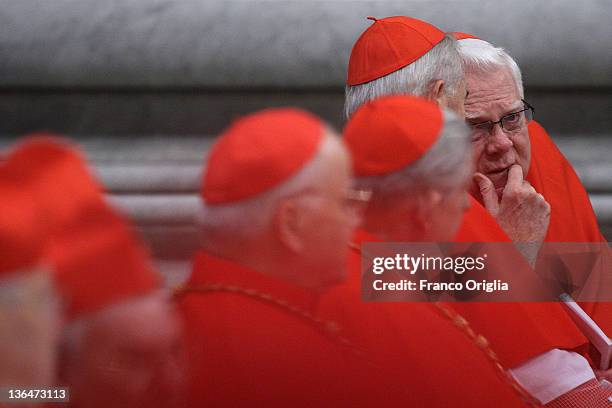 Former Archbishop of Boston Cardinal Bernard Law attends the Epiphany Mass at the St. Peters Basilica held by Pope Benedict XVI on January 6, 2012 in...