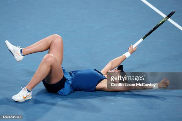 Paula Badosa of Spain celebrates winning her Women's Singles Final match against Barbora Krejcikova of Czech Republic during day seven of the Sydney...