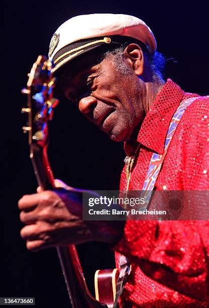 Chuck Berry performs at the Congress Theater on January 1, 2011 in Chicago, Illinois.