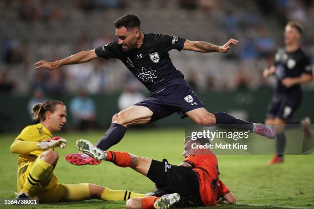 Anthony Caceres of Sydney FC scores a goal during the round 10 A-League match between Sydney FC and Brisbane Roar at Netstrata Jubilee Stadium, on...