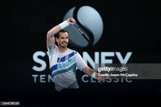 Andy Murray of Great Britain hits a forehand in his Men's Singles Final match against Aslan Karatsev of Russia during day seven of the Sydney Tennis...