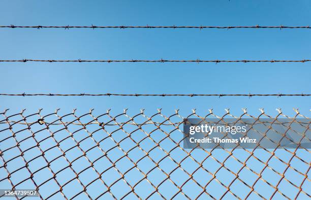 chain link fence with barbed wires - prison fence stock pictures, royalty-free photos & images