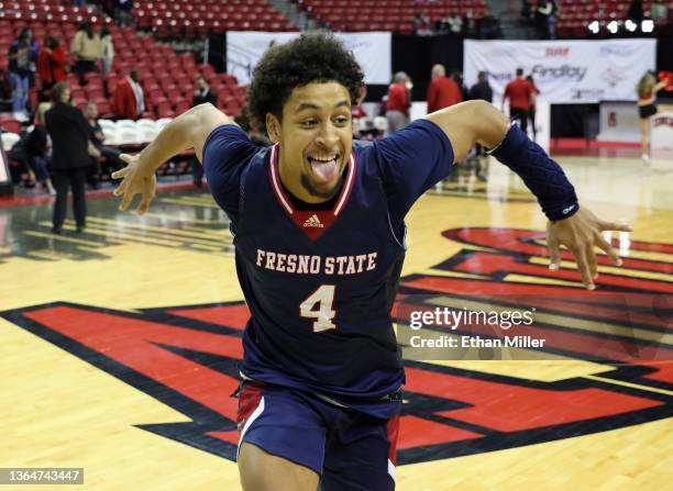 Junior Ballard of the Fresno State Bulldogs celebrates on the court after the team's 73-68 victory over the UNLV Rebels at the Thomas & Mack Center...