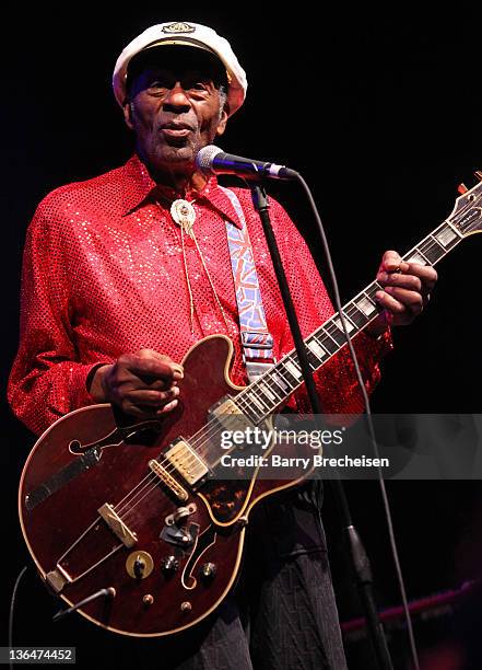 Chuck Berry performs at the Congress Theater on January 1, 2011 in Chicago, Illinois.