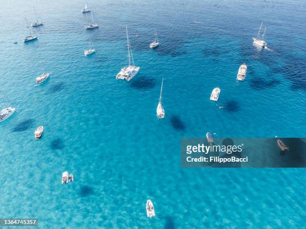 many boats moored in cala rossa, one favignana island's beach - catamaran stockfoto's en -beelden